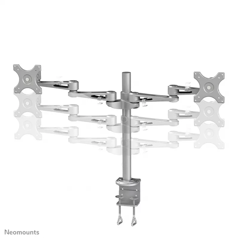 Neomounts FPMA-D935D divu ekrānu galda turētājs, pilnībā kustināms, stiprināms ar skavu, 14–27 collas (35,6–68,6 cm), 6 kg vienam ekrānam, VESA 75x75/100x100, sudrabains