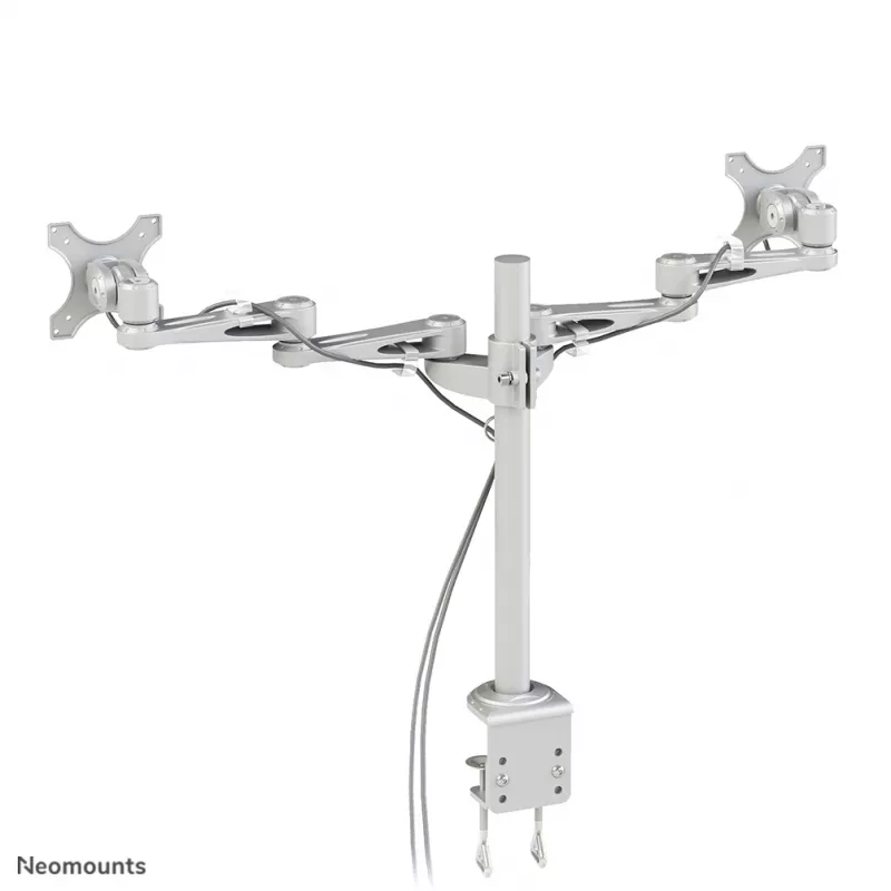 Neomounts FPMA-D935D divu ekrānu galda turētājs, pilnībā kustināms, stiprināms ar skavu, 14–27 collas (35,6–68,6 cm), 6 kg vienam ekrānam, VESA 75x75/100x100, sudrabains