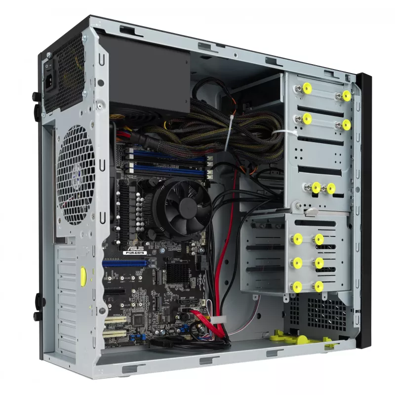 ASUS TS100-E11-PI4 – melns tower servera barebone ar Intel C256 un 300 W barošanas bloku