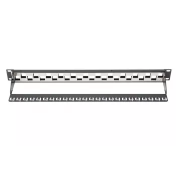 DIGITUS Modular Patch Panel, ekranēts 24-portu, tukšs, 1U, statīva montāžai, izkārtoti porti, melns RAL 9005