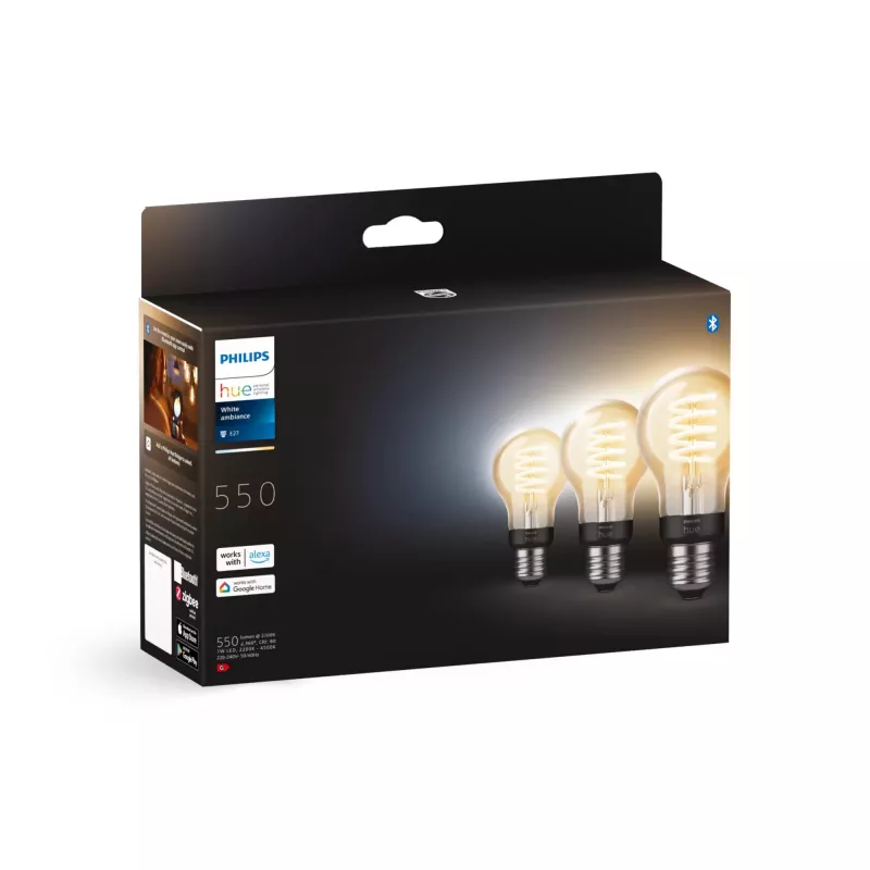 Philips Hue White Ambiance E27 A60 viedā kvēldiega spuldze, 7 W, 550 lm, 3 gab.