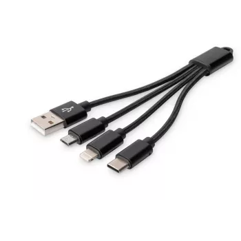 DIGITUS USB uzlādes kabelis USB A - Lightning+micro B+Type-C M/M/M/M 15cm 3-in-1, kokvilnas pinums, CE, melns
