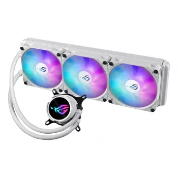 Šķidruma dzesēšanas komplekts ASUS ROG Strix LC III 360 ARGB White Edition — 360 mm radiators, 3x 120 mm ARGB ventilatori, LCD displejs, vara pamatne