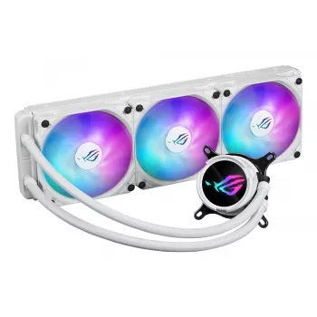 Šķidruma dzesēšanas komplekts ASUS ROG Strix LC III 360 ARGB White Edition — 360 mm radiators, 3x 120 mm ARGB ventilatori, LCD displejs, vara pamatne