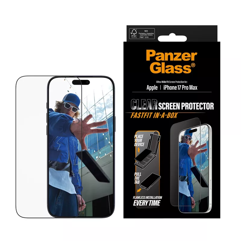 PanzerGlass® Ekrāna aizsargs iPhone 17 Pro Max | Ultra-Wide Fit ar FASTFIT IN-A-BOX