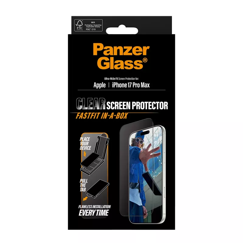 PanzerGlass® Ekrāna aizsargs iPhone 17 Pro Max | Ultra-Wide Fit ar FASTFIT IN-A-BOX