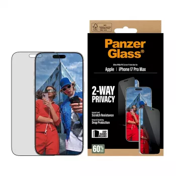 Aizsargstikls PanzerGlass 2-Way Privacy iPhone 17 Pro Max — rūdīts stikls, īpaši plata pielāgošana, EasyAligner