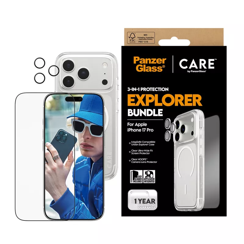 PanzerGlass CARE 3-in-1 Flagship Explorer aizsardzības komplekts iPhone 17 Pro — rūdīts stikls, PET, silikons, caurspīdīgs