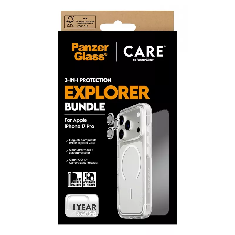 PanzerGlass CARE 3-in-1 Flagship Explorer aizsardzības komplekts iPhone 17 Pro — rūdīts stikls, PET, silikons, caurspīdīgs