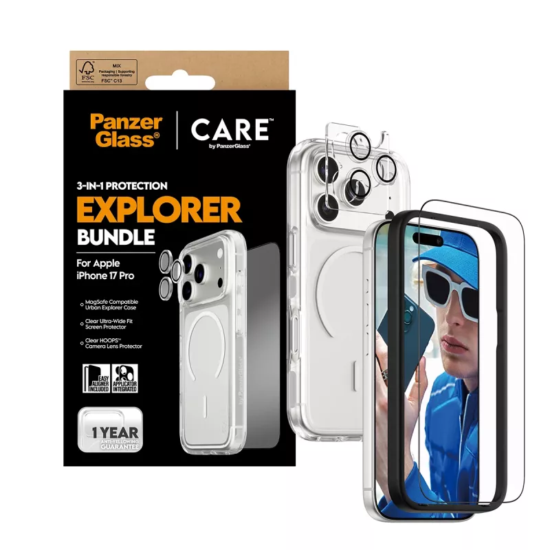 PanzerGlass CARE 3-in-1 Flagship Explorer aizsardzības komplekts iPhone 17 Pro — rūdīts stikls, PET, silikons, caurspīdīgs