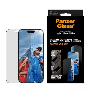 Privātuma ekrāna aizsargs PanzerGlass iPhone 17 / iPhone 16 Pro — Ultra-Wide Fit, rūdīts stikls + PET, FASTFIT