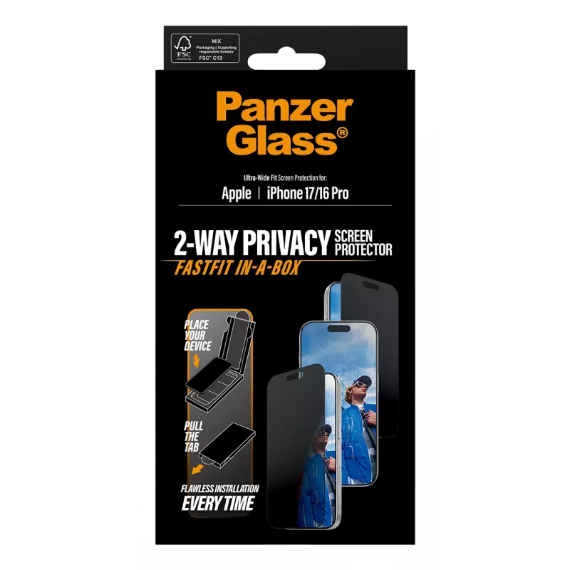 Privātuma ekrāna aizsargs PanzerGlass iPhone 17 / iPhone 16 Pro — Ultra-Wide Fit, rūdīts stikls + PET, FASTFIT
