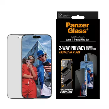 Aizsargstikls PanzerGlass 2-Way Privacy iPhone 17 Pro Max — rūdīts stikls, Ultra-Wide Fit, FASTFIT
