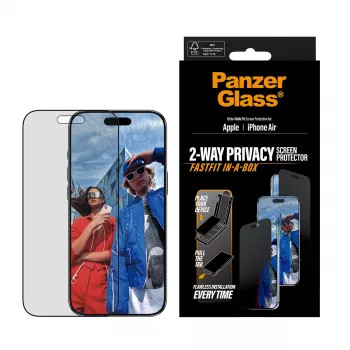 Aizsargstikls PanzerGlass Privacy iPhone Air — rūdīts stikls, plašs pārklājums, privātuma filtrs, FASTFIT