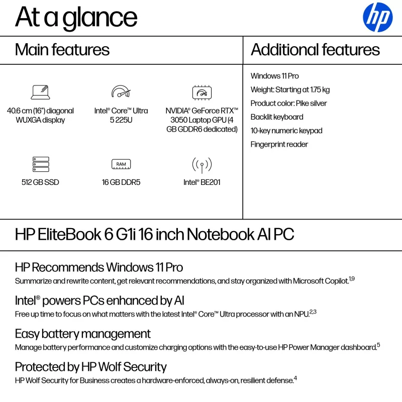 HP EliteBook 6 G1i AI Intel Core Ultra 5 225U klēpjdators 40,6 cm (16 collu) WUXGA 16 GB DDR5-SDRAM Wi-Fi 7 (802.11be) Windows 11 Pro AI PC Sudrabs