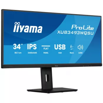 Datora monitors IIYAMA ProLite XUB3493WQSU-B6 34 collu 3440×1440 UltraWide QHD IPS LED, 1 ms, USB 3.2 centrmezgls, skaļruņi, VESA, augstums regulējams