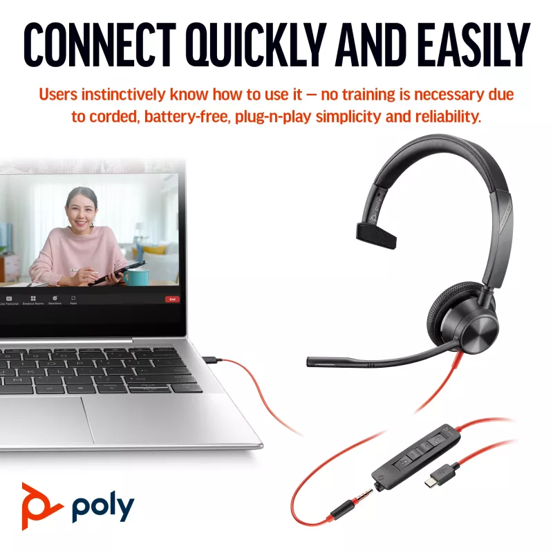 HP Poly Blackwire 3310 Monaural Microsoft Teams sertificētas austiņas ar USB-C, 3.5 mm ligzdu un USB-C/A adapteri