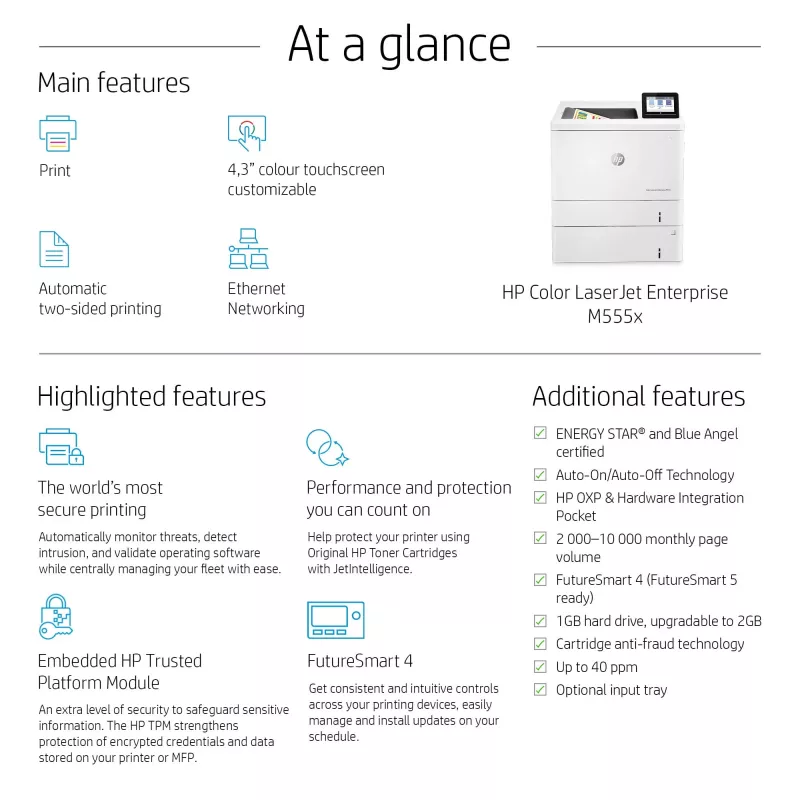 HP Color LaserJet Enterprise M555x, lāzerkrāsu printeris, A4, 38 lpp/min, duplekss