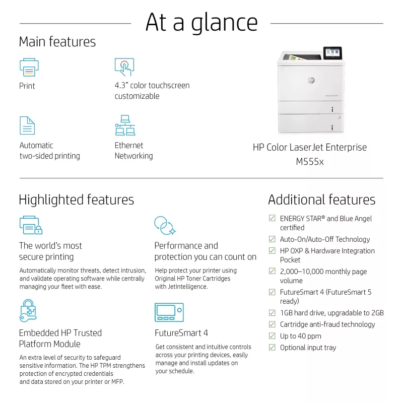 HP Color LaserJet Enterprise M555x, lāzerkrāsu printeris, A4, 38 lpp/min, duplekss