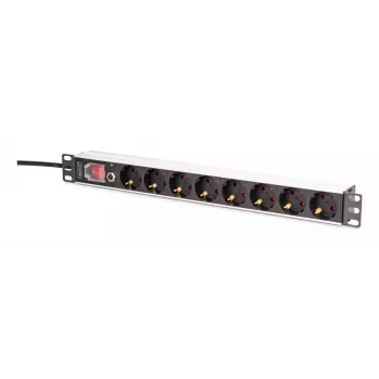 DIGITUS PDU - 1U alumīnija statīva 7x drošības + 1x kontaktligzda 16A 4000W 250VAC 50/60Hz pārslodzes aizsardzība