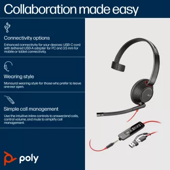 HP Poly Blackwire 5210 Monaural USB-C austiņas + 3,5 mm ligzda + USB-C/A adapteris (Bulk)
