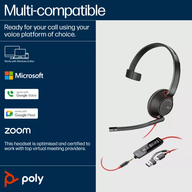 HP Poly Blackwire 5210 Monaural USB-C austiņas + 3,5 mm ligzda + USB-C/A adapteris (Bulk)