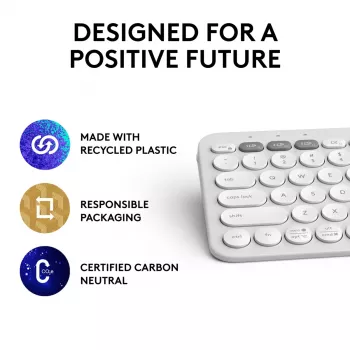 Kompakta minitastatūra Logitech Pebble Keys 2 K380s — RF bezvadu + Bluetooth, QWERTY US International, balta