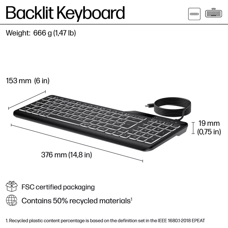 HP 405 daudz ierīču apgaismota vadu tastatūra, pilna izmēra (100%), vadu, USB, membrānas, QWERTY, melna