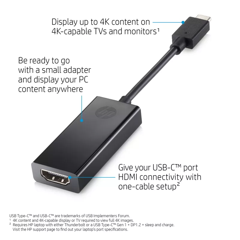 HP 1WC36AA USB-C uz HDMI 2.0 adapteris, USB-C spraudnis uz HDMI ligzdu, melns