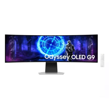 49 collu Dual QHD OLED izliekts monitors Samsung S49DG950SU — 5120×1440, 32:9, 0,03 ms, USB centrmezgls, VESA, skaļruņi