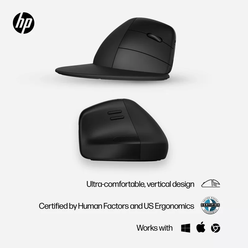 HP 920 Ergonomic vertikālā bezvadu pele, labā roka, Bluetooth + USB Type-A, 4000 DPI, melna