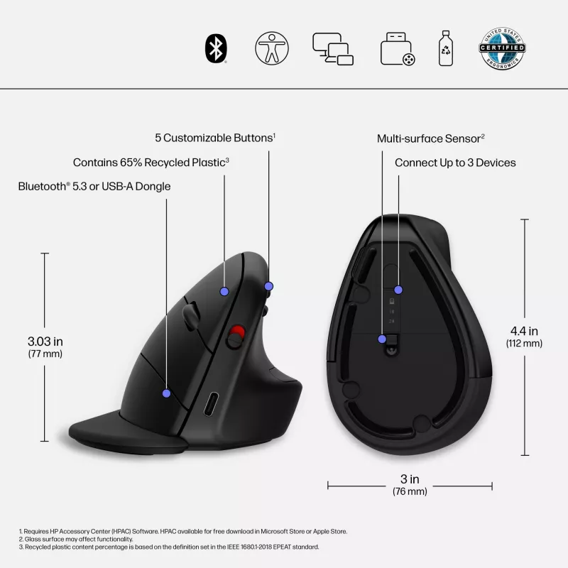 HP 920 Ergonomic vertikālā bezvadu pele, labā roka, Bluetooth + USB Type-A, 4000 DPI, melna