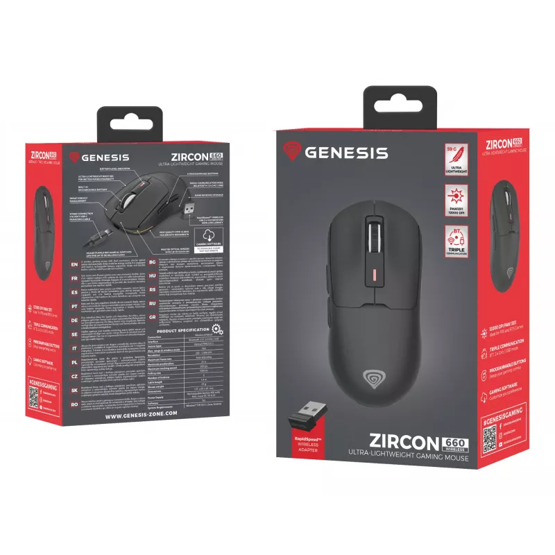 GENESIS Zircon 660 peles spēļu Labā roka RF Bezvadu + Bluetooth + USB Type-A Optiskā 12000 DPI