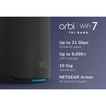 NETGEAR Orbi 870 trīsjoslu (2.4 GHz / 5 GHz / 6 GHz) Wi-Fi 7 (802.11be) Melns 4 iekšējās antenas