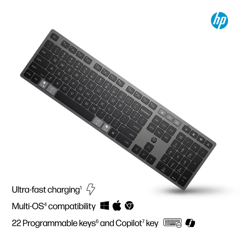 HP 725 Multi-Device Rechargeable Wireless Keyboard, pilna izmēra, bezvadu + Bluetooth, melna