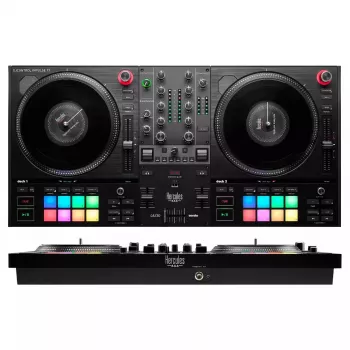 Hercules INPULSE T7 Black DJ kontrolieris — 3.5 mm/6.35 mm austiņu ligzdas, USB kabelis, 652×350×90 mm