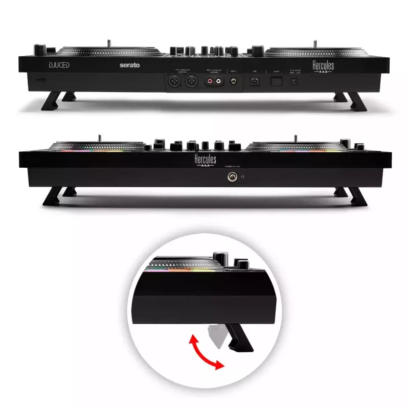 Hercules INPULSE T7 Black DJ kontrolieris — 3.5 mm/6.35 mm austiņu ligzdas, USB kabelis, 652×350×90 mm