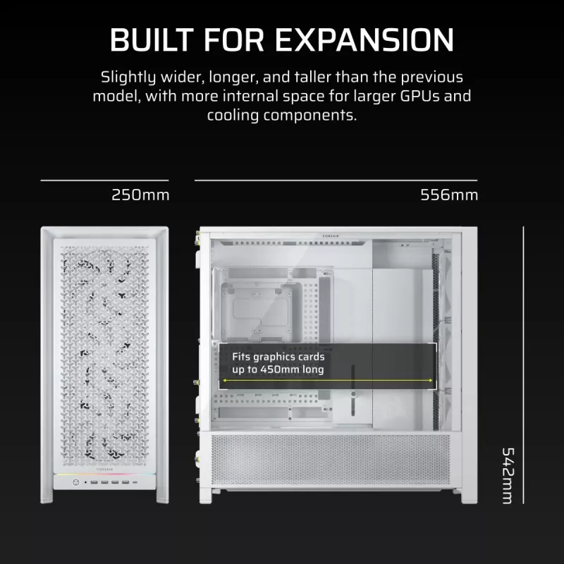 CORSAIR FRAME 5000D RS — balts vidēja torņa dators ar augstu gaisa plūsmu