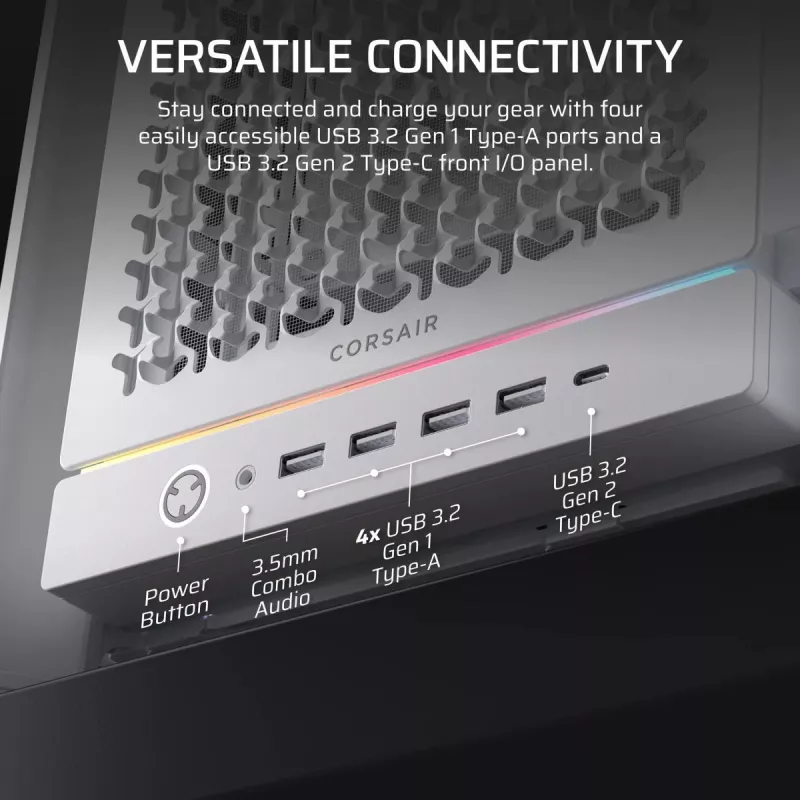 CORSAIR FRAME 5000D RS — balts vidēja torņa dators ar augstu gaisa plūsmu