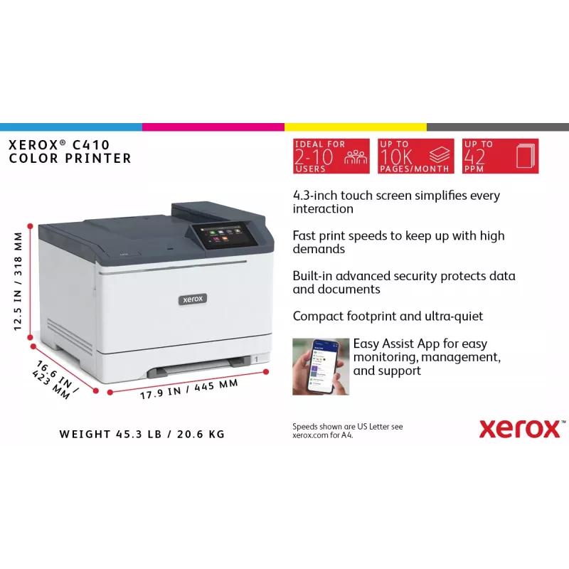 Xerox C410 A4 krāsu printeris, 40 lpp/min, duplekss, PS3, PCL5e/6, 2 paplātes, 251 lapa