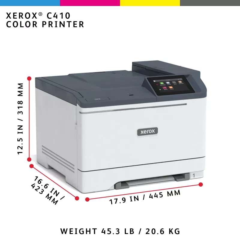 Xerox C410 A4 krāsu printeris, 40 lpp/min, duplekss, PS3, PCL5e/6, 2 paplātes, 251 lapa