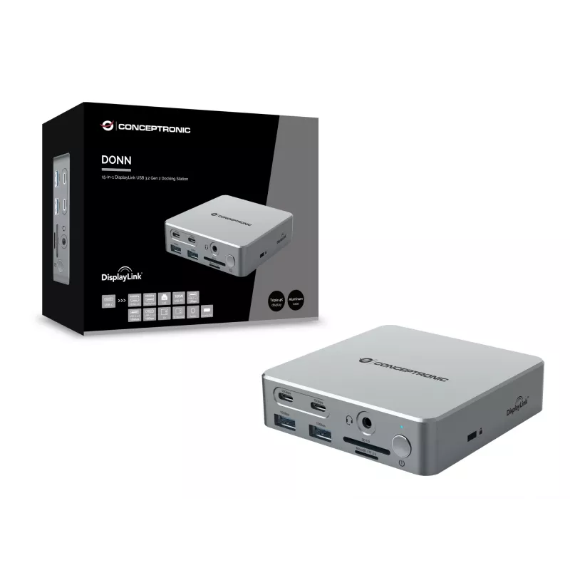 Docking Station Conceptronic DONN25G — 15-in-1 USB 3.2 Gen 2 ar DisplayLink, 4K@60Hz, 100W PD
