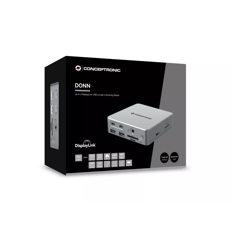 Docking Station Conceptronic DONN25G — 15-in-1 USB 3.2 Gen 2 ar DisplayLink, 4K@60Hz, 100W PD