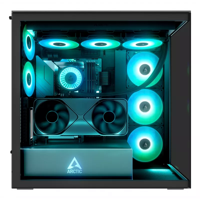 ARCTIC Xtender VG (Mirror Black) Premium E-ATX PC korpuss ar vertikālu GPU montāžu