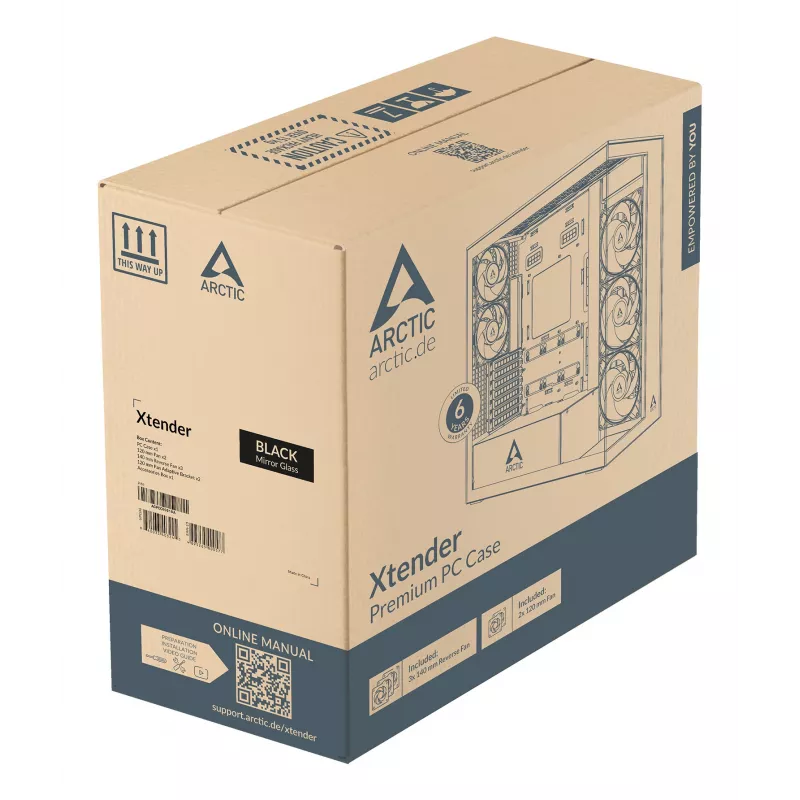 ARCTIC Xtender VG (Mirror Black) Premium E-ATX PC korpuss ar vertikālu GPU montāžu