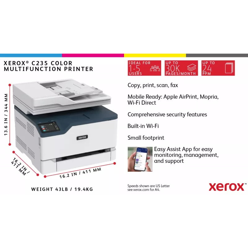 Xerox C235 A4 22ppm bezvadu druka/kopija/skenēšana/fakss PS3 PCL5e/6 ADF 2 paplātes, kopā 251 loksne