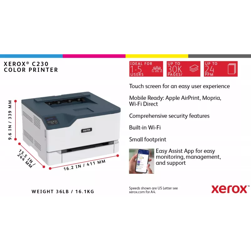 Xerox C230 A4 22ppm Bezvadu Dupleks Printeris PS3 PCL5e6 2 Paplātes Kopā 251 Lapa