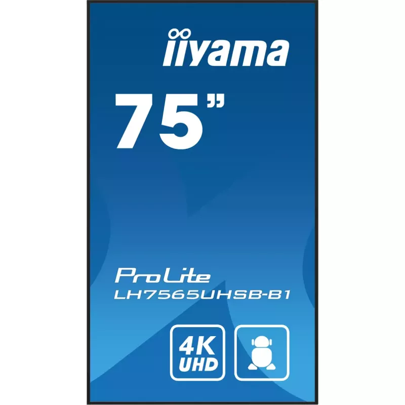 iiyama LH7565UHSB-B1 Signālu displejs Kiosk dizains 189.2 cm (74.5 collas) LED Wi-Fi 800 cd/m² 4K Ultra HD Melns Iebūvēts procesors Android 11 24/7