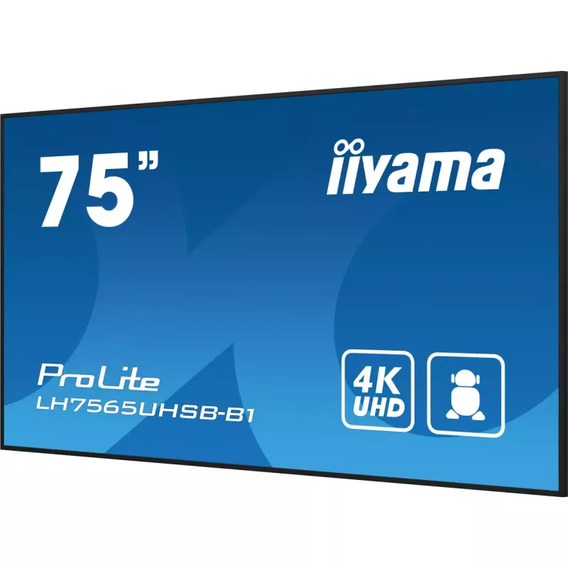 iiyama LH7565UHSB-B1 Signālu displejs Kiosk dizains 189.2 cm (74.5 collas) LED Wi-Fi 800 cd/m² 4K Ultra HD Melns Iebūvēts procesors Android 11 24/7