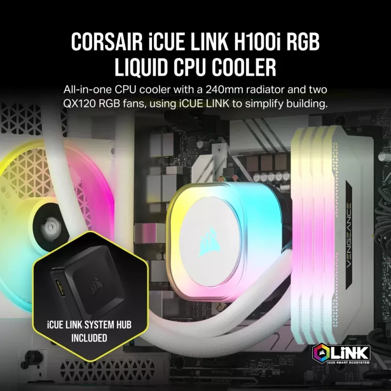 CORSAIR CPU dzesētājs - Icue Link H100I RGB Aio šķidruma dzesētājs - Balts